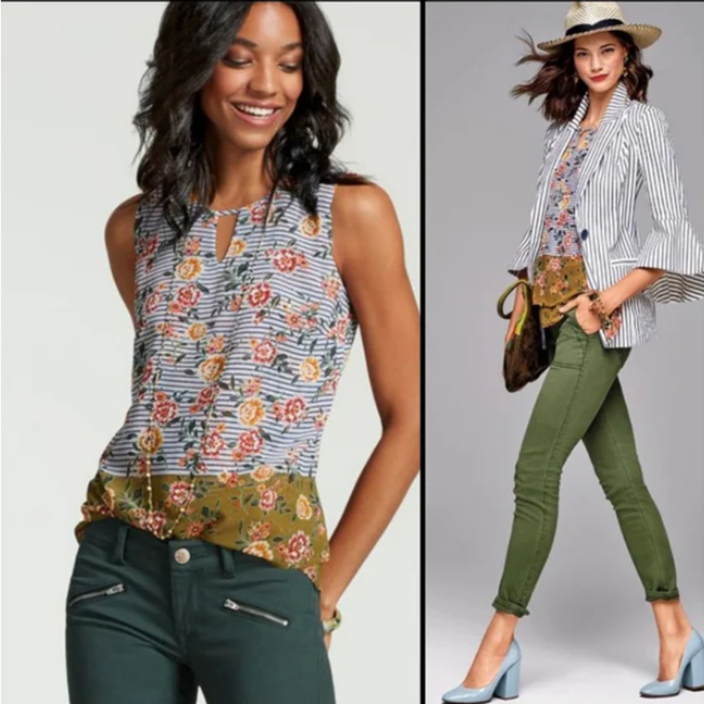 CAbi Floral Stripe Sleeveless Blouse in White, Green, Pink, Yellow